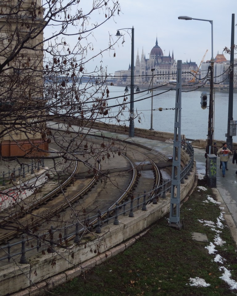 Villamos-tracks in front of the danube and the parlament