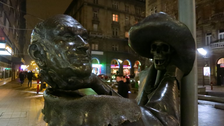 A double-headed statue near the central theater district